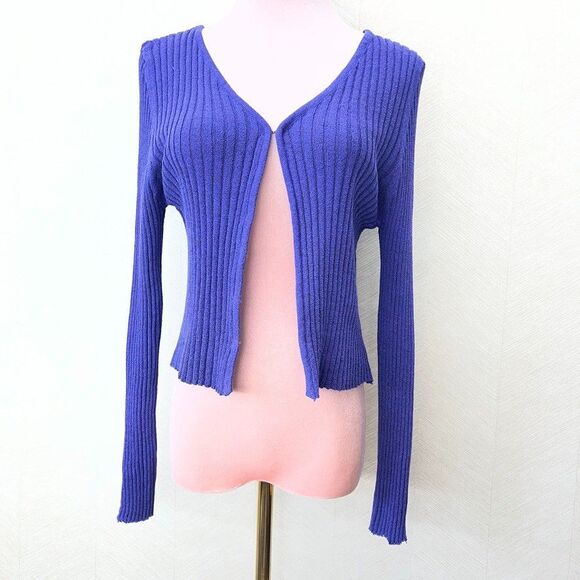Unif Long Sleeve Violet Purple Ribbed Knit Cropped Cardigan Sweater Womens XL - Picture 1 of 13